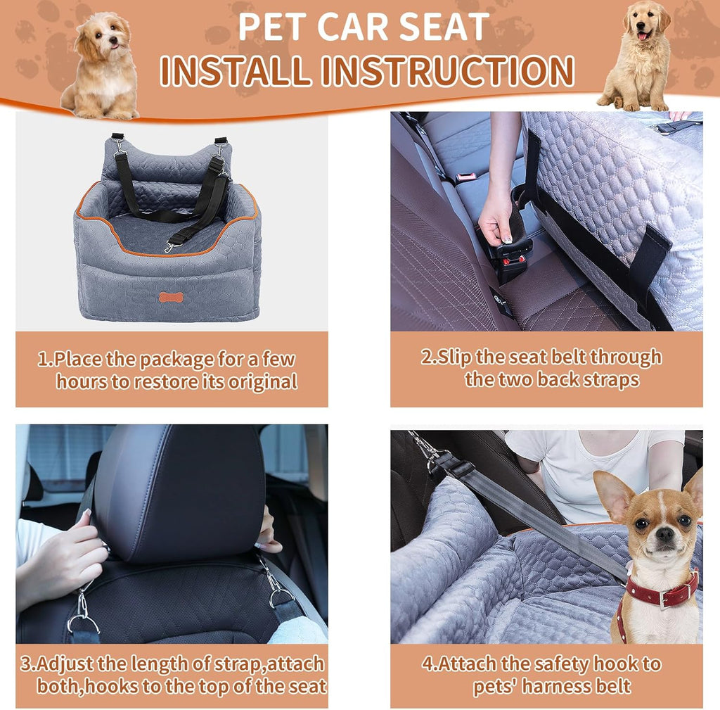 Dog Car Seat - Memory Foam Dog Booster Seat for Small Dogs up to 25Lbs-Elevated Pet Car Seat with Storage Pockets and Dog Seat Belt-Soft Pet Travel Bed for Front & Back Seats-Removable Washable-Grey