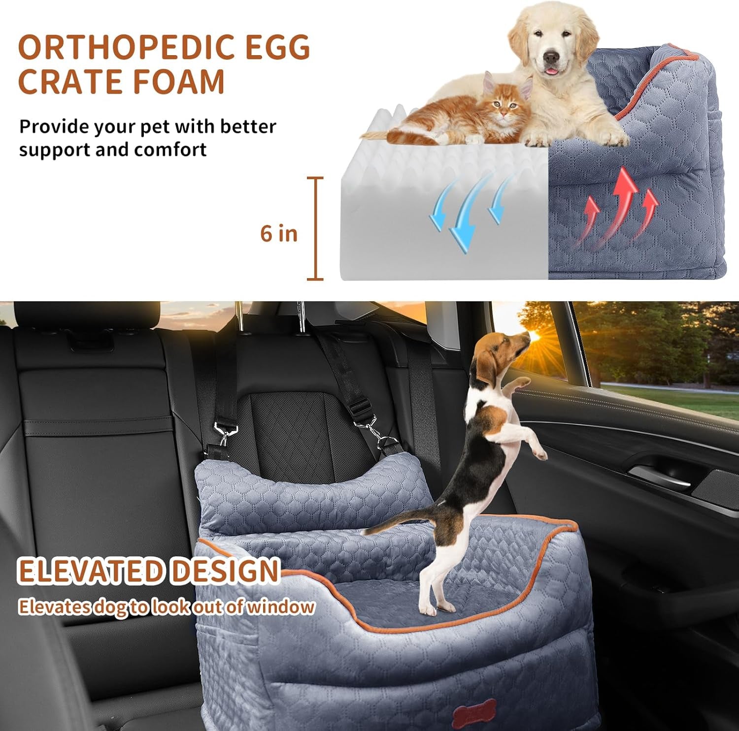 Dog Car Seat - Memory Foam Dog Booster Seat for Small Dogs up to 25Lbs-Elevated Pet Car Seat with Storage Pockets and Dog Seat Belt-Soft Pet Travel Bed for Front & Back Seats-Removable Washable-Grey