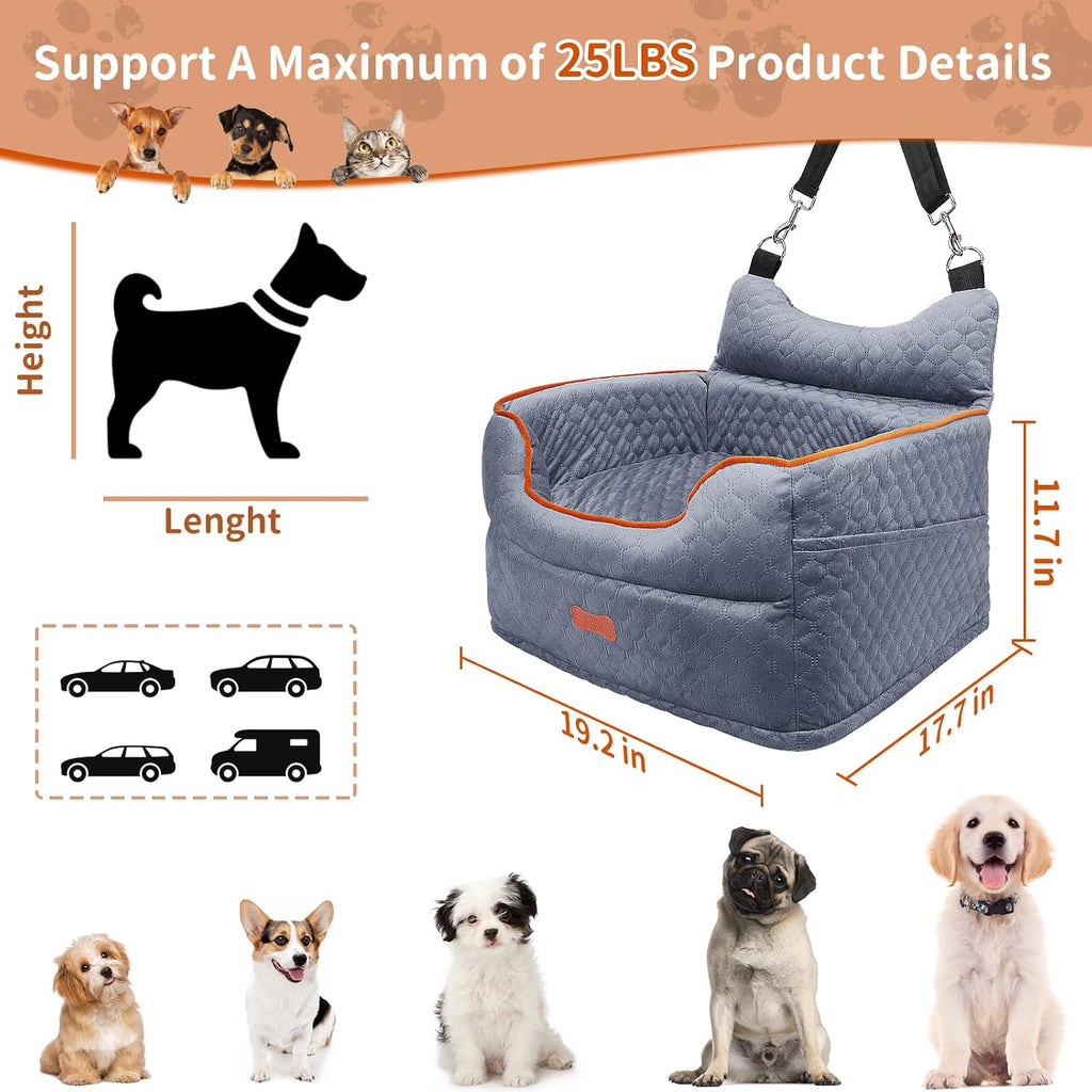 Dog Car Seat - Memory Foam Dog Booster Seat for Small Dogs up to 25Lbs-Elevated Pet Car Seat with Storage Pockets and Dog Seat Belt-Soft Pet Travel Bed for Front & Back Seats-Removable Washable-Grey